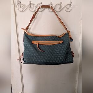 **Vintage** Dooney & Bourke Blue Monogram Shoulder Bag with Tan Leather Trim
